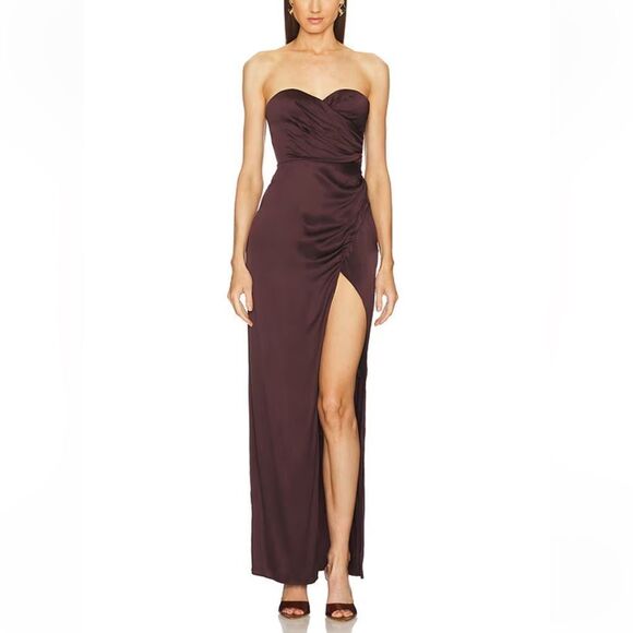 NWT Michael Costello x REVOLVE Dimity Gown Chocolate Brown satin maxi gown XS - Picture 1 of 10